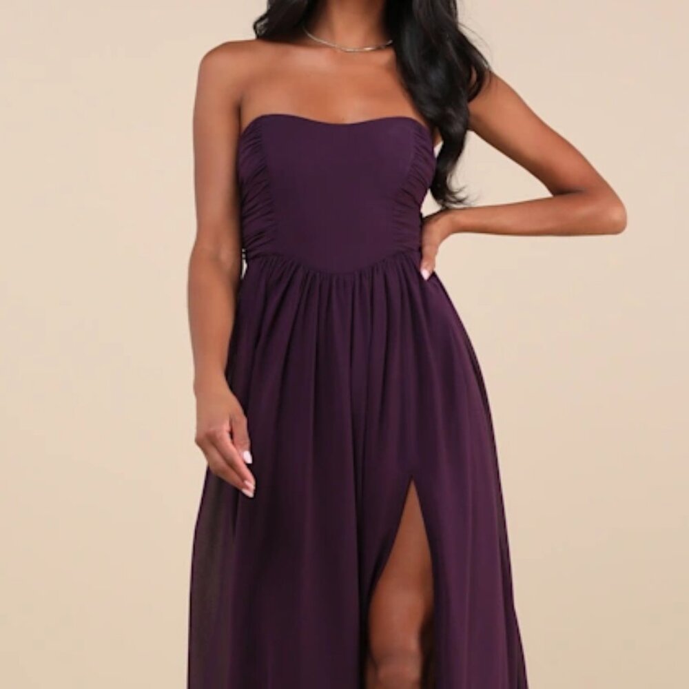 Lulus - Luxe Favorite Dark Purple Strapless Ruched Maxi Dress